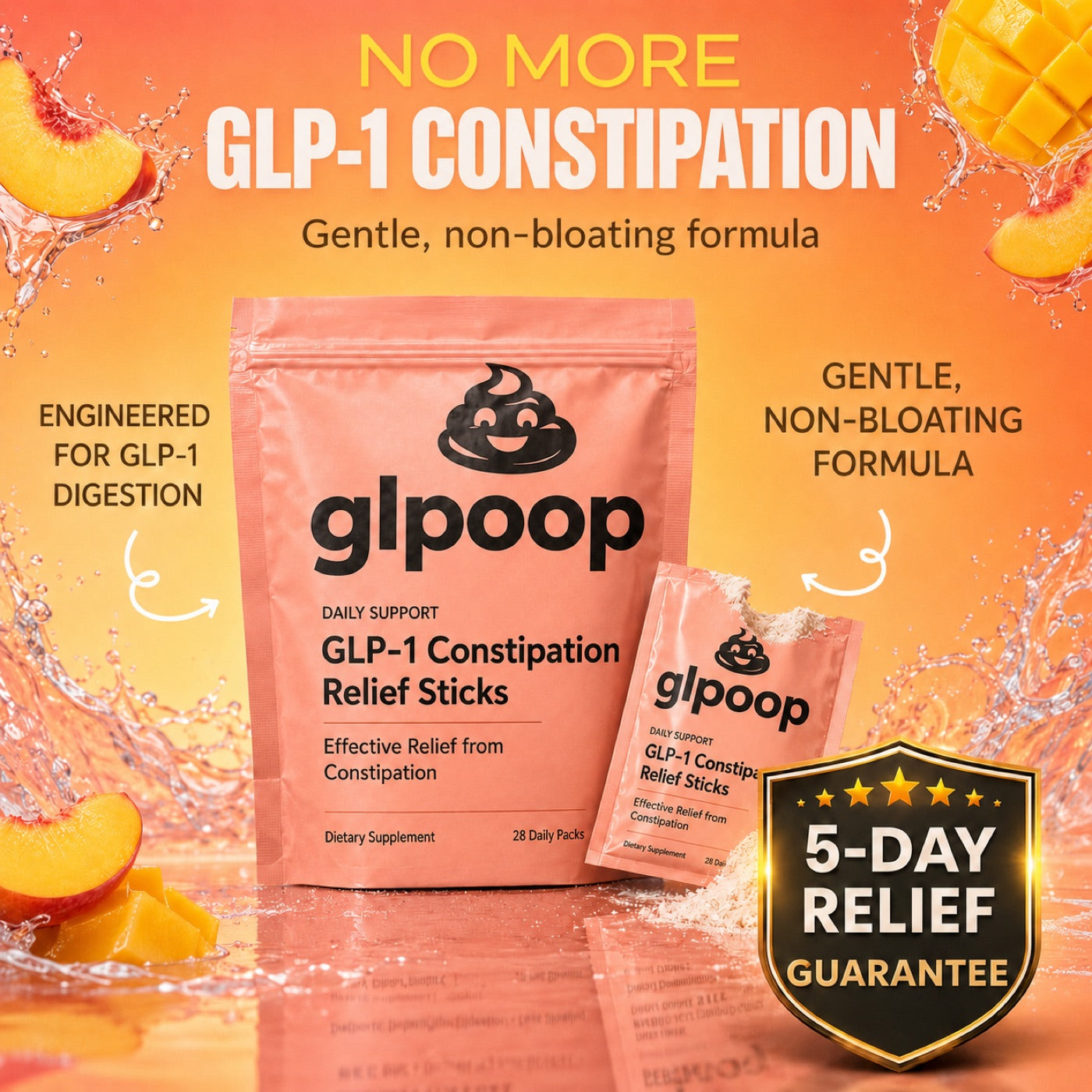 glpoop GLP-1 Constipation Relief Sticks pouch with peach and mango